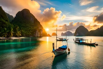 Tourists exploring the beaches and lagoons of bacuit archipeligo, el nido palawan island, in the philippines by traditional banka outrigger boat