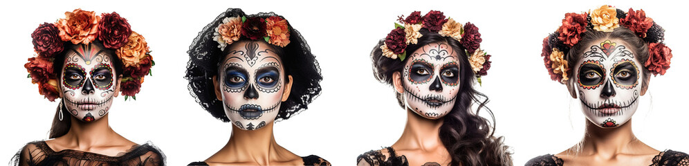 Dia de los muertos. Day of The Dead.  Closeup portrait of Calavera Catrina. Young woman with sugar skull makeup. Halloween. Isolated on transparent