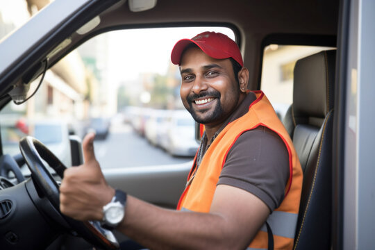 Indian male driver of delivery van in uniform, looking at camera with smile