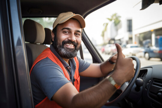 Indian male driver of delivery van in uniform, looking at camera with smile