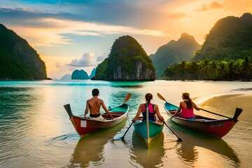 Tourists exploring the beaches and lagoons of bacuit archipeligo, el nido palawan island, in the philippines by traditional banka outrigger boat - obrazy, fototapety, plakaty