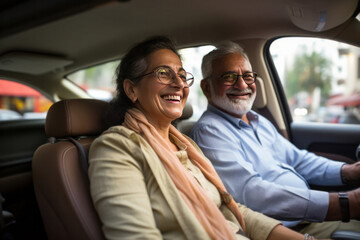 Indian senior couple driving car and having fun on weekend
