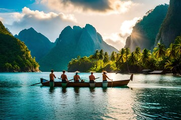Tourists exploring the beaches and lagoons of bacuit archipeligo, el nido palawan island, in the philippines by traditional banka outrigger boat