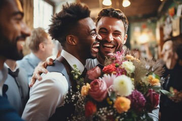 Gay couple embracing for the marriage. Together forever - loving happy gay couple in a wedding day. - Powered by Adobe