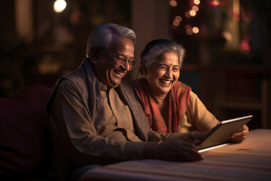Indian senior couple having fun while using tablet computer or smartphone together