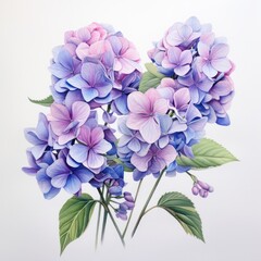 Violet blue lilac watercolour hydrangea hortensia flower illustration on white background. Floral blossom concept