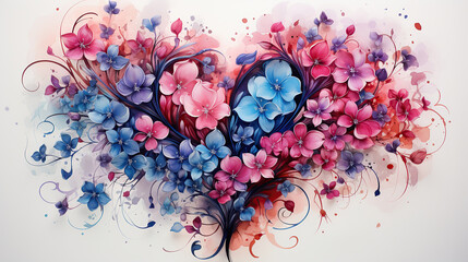 Watercolor Flowers in Shape of Heart, Love Symbol in Blue Colors