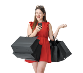 Woman holding a smartphone and doing shopping on Black Friday