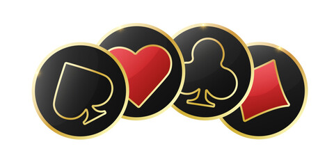 Glossy playing card suit symbol with gold border. Hearts, diamonds, clubs and spades chips signs icons. Vector illustration chips. White background