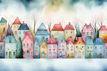 Narrow colorful town houses in a winter mood. Adorable medieval buildings standing near each other, european, nordic or german-style. Christmas card, banner, greetings. Romantic seasonal illustration.
