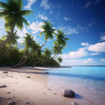 Tropical beautiful beach with palm trees. Summer vacation, travel. Square photo. AI generative.