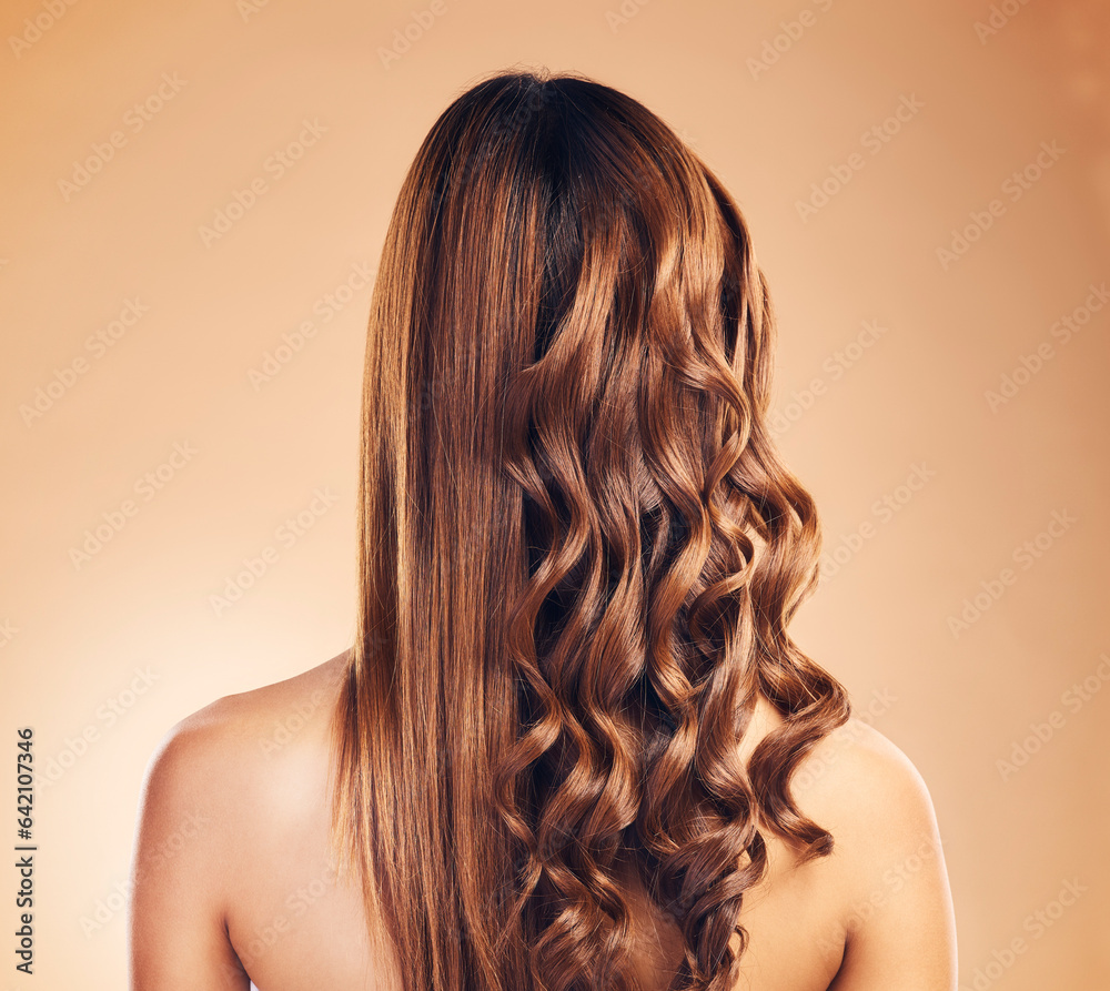 Wall mural Back view, hair care and curly woman with beauty and strong texture with growth isolated in a studio brown background. Glow, shine and person with cosmetics aesthetic or natural haircut with shampoo