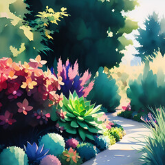 Fototapeta na wymiar Watercolor painting of a summer succulents garden.