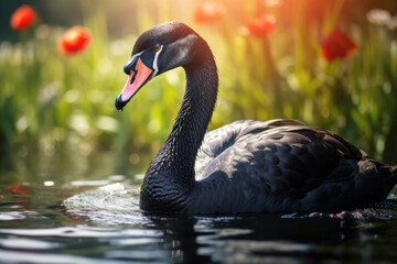 Beautiful black swan in a summer lake