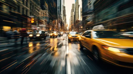 Papier Peint photo TAXI de new york Cars and taxis in movement with motion blur in downtown Manhattan created with Generative AI