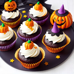 Halloween decorative cupcakes. Pumpkins and witch's hats.
