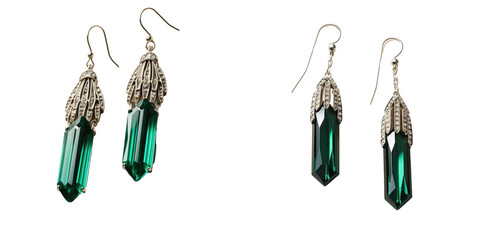Malachite stone earrings with silver chain on a transparent background - obrazy, fototapety, plakaty
