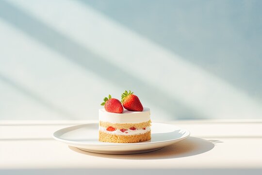 Single slice of strawberry shortcake on a white plate. Generative AI
