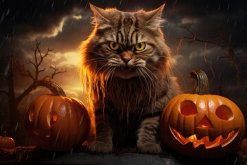 Concept art of an angry cat on a scary background with lightning and pumpkins, dedicated to Halloween.