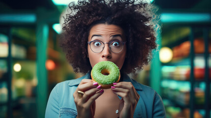 Young woman eating a donut - obrazy, fototapety, plakaty