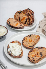 Sweet bread with raisins, dried apricots, dates, figs. Healthy ingredient for sandwiches, breakfast