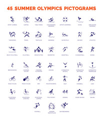 Summer sports icons. Vector isolated pictograms on white background with the names of sports disciplines. - obrazy, fototapety, plakaty