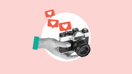 Retro sketch of hand holding retro vintage camera social media photo like heart icon photographer