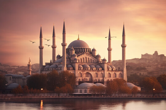 blue mosque at night city generative ai