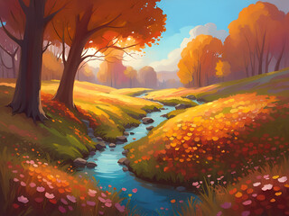 Illustration of autumn meadow with flowers and stream.. Fall landscape.