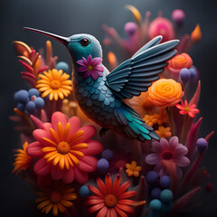 3d render of a hummingbird among colorful flowers.