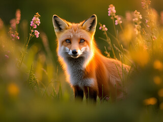 Obraz premium Portrait of a fox among flowers in a meadow at sunset.