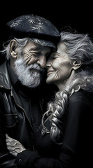 Elderly couple hugging in love with happy faces. Black and white tone.