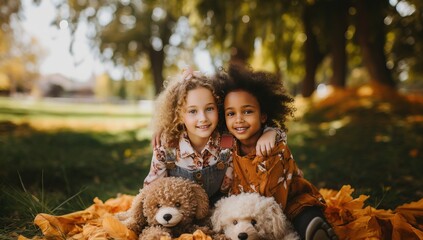 Two little girls sitting in autumn park with teddy bears and smiling