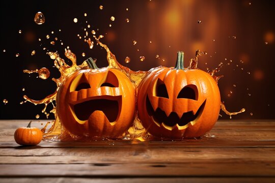 Concept image of two pumpkins with a splash of water.Bright background in Halloween style.