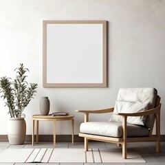 minimilistic lounge with blank photo frame on wall for mock up