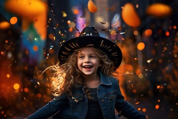 Fototapeta premium Concept portrait of a little girl exuberantly adorned in a Halloween witch's hat and festive attire, surrounded by swirling confetti.This moment of pure, radiant joy of holiday.