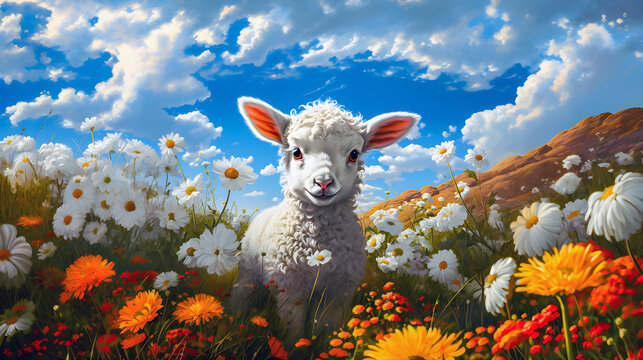 Cartoon oil painting style of sheep with grass field and colorful flowers.