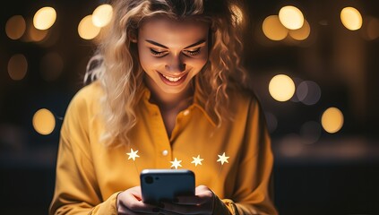 beautiful smiling young woman using smartphone in cafe at christmas time