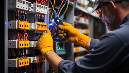 Electrician working in fuse box, closeup. Electrical panel.