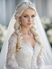 Portrait of a beautiful young bride in a gorgeous white lace wedding dress.