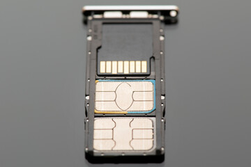 smartphone with dual sim slot plus memory card. - obrazy, fototapety, plakaty