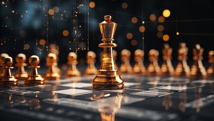 Golden chess king on the chessboard. Business strategy concept. - obrazy, fototapety, plakaty