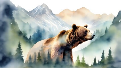 Double exposure of a bear and a mountain, natural scenery. Watercolor. Watercolor postcard of mountains and bear. - obrazy, fototapety, plakaty