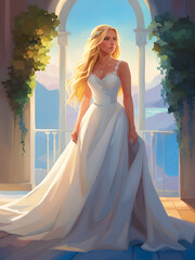 Portrait of a beautiful young bride in a gorgeous white lace wedding dress. Cartoon, illustration.