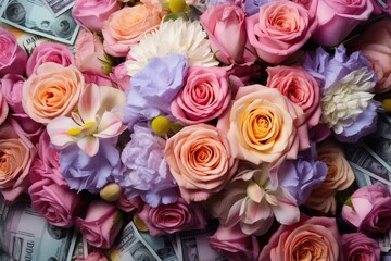 colorful bouquet of roses and dollar banknotes as a background