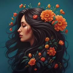 Abstract portrait of a woman's face in profile with flowers in her long black hair. Ornamental flowers.