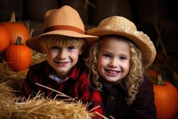 Portrait of a cute funny kids posing with pumpkins on ranch