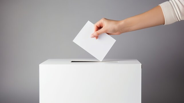 Woman hand putting paper into ballot box, close up view, generative ai