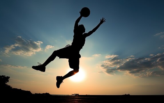 Young man silhouette on sunset jumping playing basketball with ball, generative ai