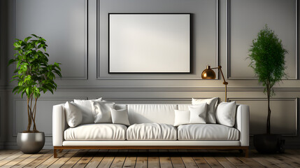white luxury sofa on parquet floor and white wall and white photo frame